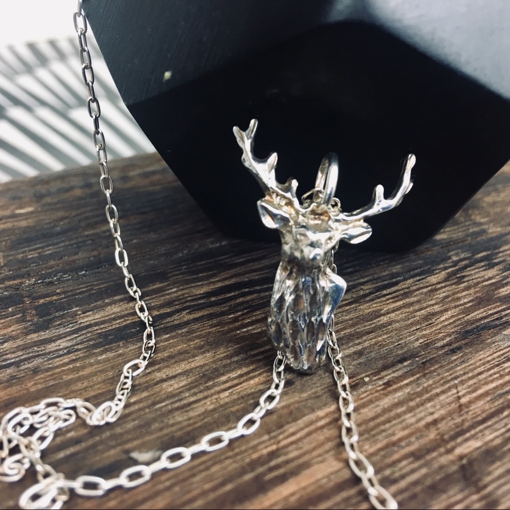 .925 Sterling Silver Stag, Deer Pendant + Necklace
